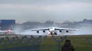 Wet runway crosswind takeoff of Polet Antonov An-124 @ Hamburg Airport