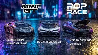 MINI GT LB WORKS LAMBORGHINI HURACAN GT, Bugatti Vision GT, & Pop Race Nissan Skyline GTR R32