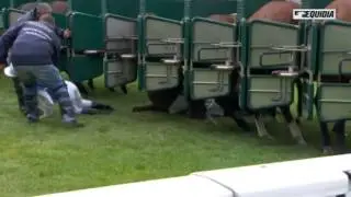CHUTE OLIVIER PESLIER DANS LES STALLES AVANT LA SIXIEME COURSE A LONGCHAMP