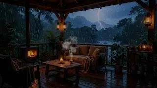 Уютная хижина в джунглях во время сильной грозы ⛈️ Звуки дождя и камина для сна