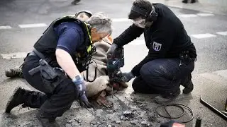Полиция использовала дрель, чтобы освободить руку активиста во время климатического протеста в Ге...