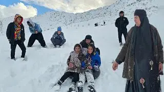 Skiing on the snow: Winter sport of two orphans with grandmother
