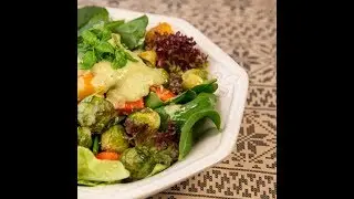 Roasted Veggie Salad Topped with Avocado Dressing