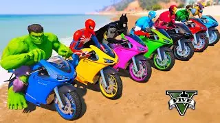 SUPERHEROES vs SPIDERMAN RACING MOTORBIKES PARKOUR CHALLENGE on BEACH RAMP,SPIDERMAN TEAM JUMP-GTA 5