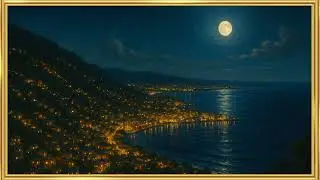 Tropical Coastline and Mountain at Night &ndash; Aerial Photorealistic Oil Painting    Calming TV Art