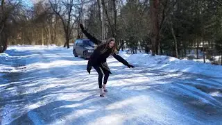 High Heels Mules on Slippy ICE, High Heels Mules on Icy road, Girl in Heels on ICE (# 909)