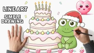 Drawing Christmas Keroppi with a Giant Birthday Cake | Clean Line Art + Color Reveal