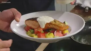 Making salmon salad with yuzu creme fraiche by Feng Chophouse