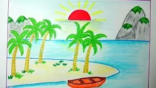 Beach Scene with Palm Trees Islands and Sunrise Drawing Idea for Kids  | Scenery Drawing Channel#78