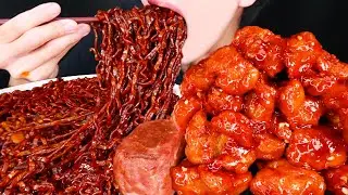 ASMR FRIED CHICKEN SPICY BLACK BEAN NOODLES SPAM MUKBANG 닭강정 양념치킨 짜파게티 먹방チキン チャパゲティ 咀嚼音EATING SOUNDS