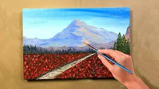 Acrylic painting | Rose Field Landscape | Painting for beginners | Mountain | Daily challenge #17
