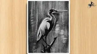 Simple Charcoal art for beginners ||  Beautiful Heron Art Tutorial || How to draw bird