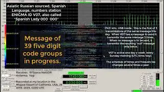 Spanish Language numbers station, ENIGMA ID V07, 17431 kHz, USB mode, 25 April, 2025, 0200 UTC