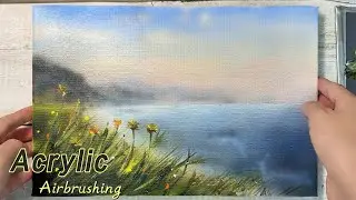 Freehand Airbrush Technique To Paint Landscape Sea In Acrylic Painting Pastel Sky Grass And Flowers