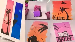 8 easy sunset ideas for beginners || step by step sunset drawing with Dom's brush pen 🖊️