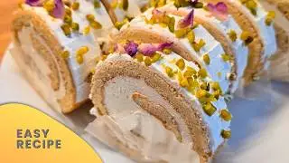 Fluffy Vanilla Swiss Roll Cake | with Whipped Cream, Pistachio