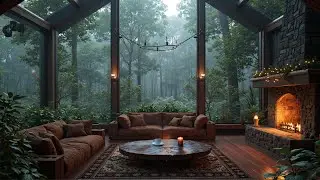 Cozy Rainy Forest Ambience 🌧️ Soft Jazz & Warm Fireplace Sounds for Calm & Sleep