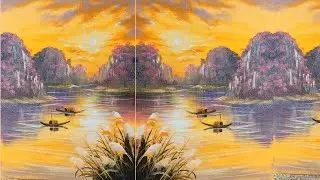 Step-by-Step Acrylic Sunset Landscape Painting | Mountains, Boat & Reed Flowers Reflection 