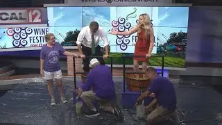 Bob & Jen stomp grapes ahead of the Swiss Wine Festival in Indiana