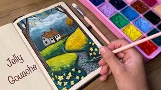 Landscape Drawing With Jelly Gouache + Relaxing vídeo+ Paint With Me🍃