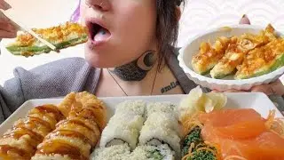 ASMR. Sushi & Fried Jalapenos. Shrimp. Raw Salmon (Eating sounds//no talking) Mukbang