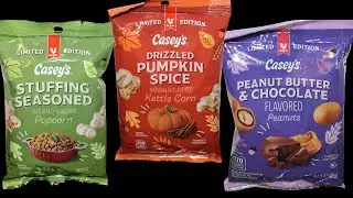 Casey&rsquo;s Stuffing Seasoned Popcorn, Drizzled Pumpkin Spice Kettle Corn, PB & Chocolate Peanuts