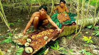 Survival in the rainforest- Two man found coconut worm and cook coconut worm  -Eating delicious
