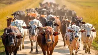 Buffaloes and cows line up to graze on the green grass field - Buffalo and Cow Videos