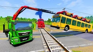 Quadruple Trucks Transporting cars with Flatbed Trailers | Cars vs Speedbump vs Train vs Pothole