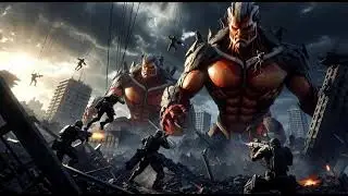 A battle between giant Titans and humans