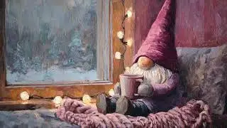 Cozy Pink Hat Gnome with Cocoa  Winter Window Oil Painting TV Art ❄️🩷☕️
