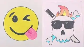 Mix Emoji Drawing | Winking Eye 😉 | Tasty 😋 | Crossbones Skull ☠️ | Sunglasses 😎 | Knife 🔪 | Fire 🔥