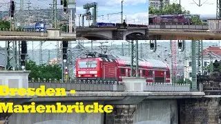 Reger Zugverkehr auf der Marienbrücke in Dresden