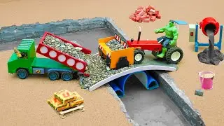 DIY Mini Tractor Wooden Bridge Destroyed by The Dinasour | Heavy Truck & Crane Build Brick Bridge#2