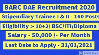 BARC RECRUITMENT 2020 ; Stipendiary Category I & II Posts - 160 ;Eligibility :- Diploma/iTi/HSC/10+2