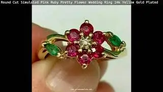 Round Cut Simulated Pink Ruby Pretty Flower Wedding Ring 14k Yellow Gold Plated