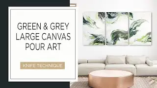 Green and grey pour art on large canvas