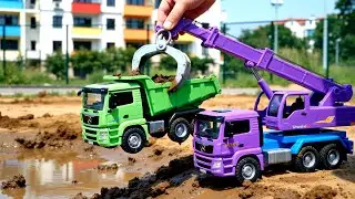 Excavator & Construction Trucks STUCK in MUD! | Rescue Mission & Car Wash for Kids Toy Video