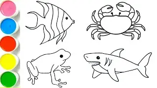 🎨Easy 4 Different Aquatic Animals - Shark🦈, Fish🐠, Crab🦀, Frog - Draw and Color Sea Animals