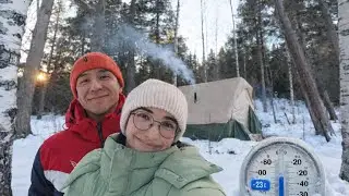 ASMR /Extreme Winter Camping: -23&deg;C Sunny Forest Magic Hot Tent Coffee