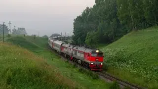 Russian railways: Lugansk locomotives and early morning summer trains on the diesel railway.