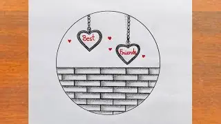 Circle Scenery Drawing/ Best Friends Drawing in Circle With Pencil Easy Step/Friendship Day Drawing 