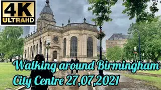 Walking around Birmingham city centre England UK 4K rainy day