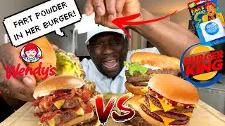 I PUT FART POWDER IN MY WIFES BURGER!| BURGER KING VS. WENDYS TRIPPLE CHEESE BURGERS MUKBANG!!