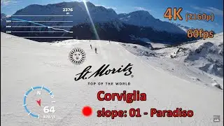 Ski run St. Moritz Corviglia | slope 01 - Paradiso | POV 4K