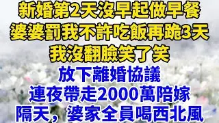 新婚第2天沒早起做早餐，婆婆罰我不許吃飯再跪3天，我沒管，放下離婚協議，連夜帶走2000萬陪嫁，隔天，婆家全員喝西北風#完結#情感故事#婆媳關系#家庭生活#爽文#正能量 #故事頻道#養老 #聰明老