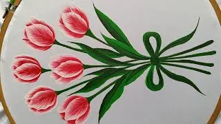 Red And pink colour tulip flower fabric Painting takiya ki painting design very very easy design 