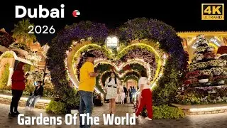 Gardens of the World Flowers & Global Village Dubai [4K] Walking Tour 2026 | Colorful Night Walk.