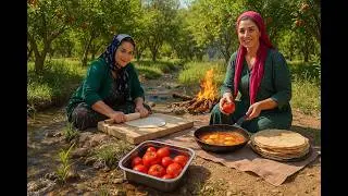 Baking Traditional Bread in an Iranian Orchard 🌿 Farm Breakfast & Fire-Roasted Tomatoes