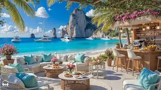 Happy Morning Jazz at Beach Cafe Ambience 🌊 Sweet Bossa Nova Guitar Music & Ocean Waves for Relax